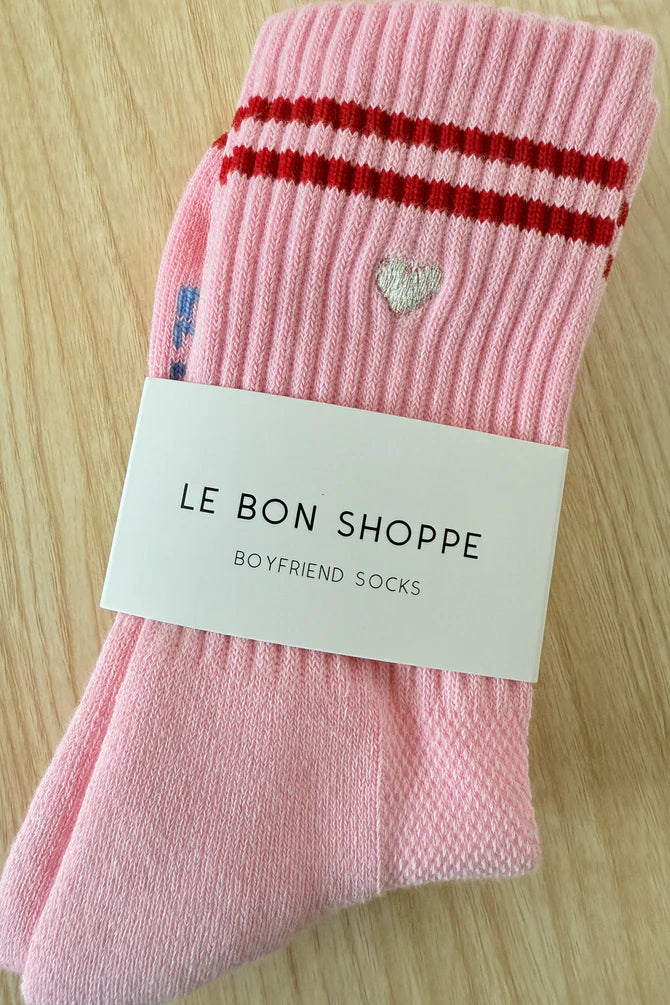 LE BON SHOPPE Embroidered Boyfriend Socks - Amour Pink & Heart