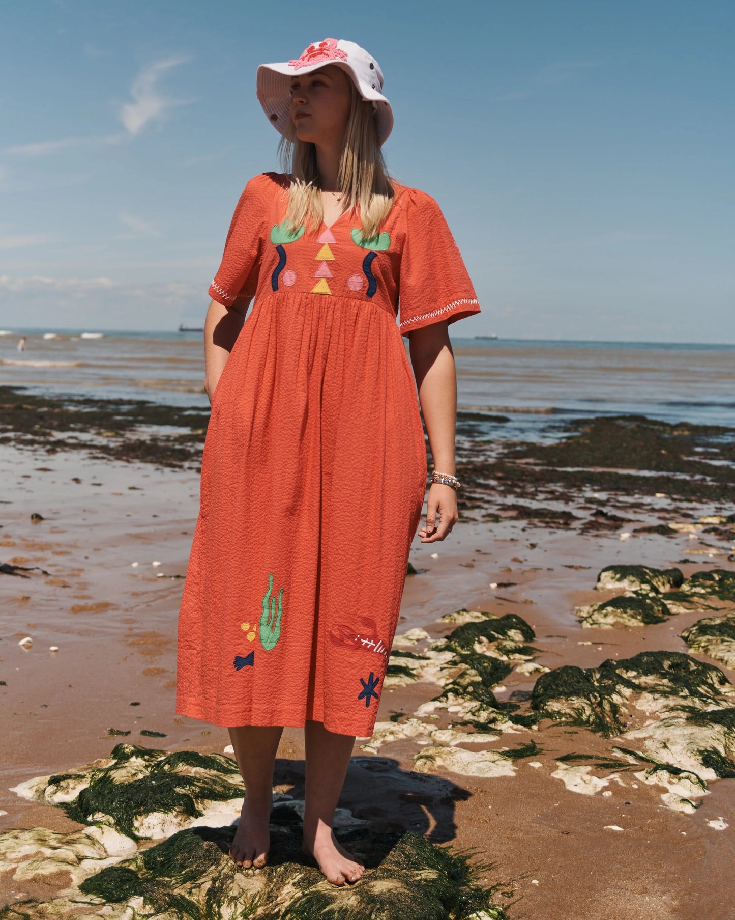 Lowie Coral Red Appliqué Sea Dress