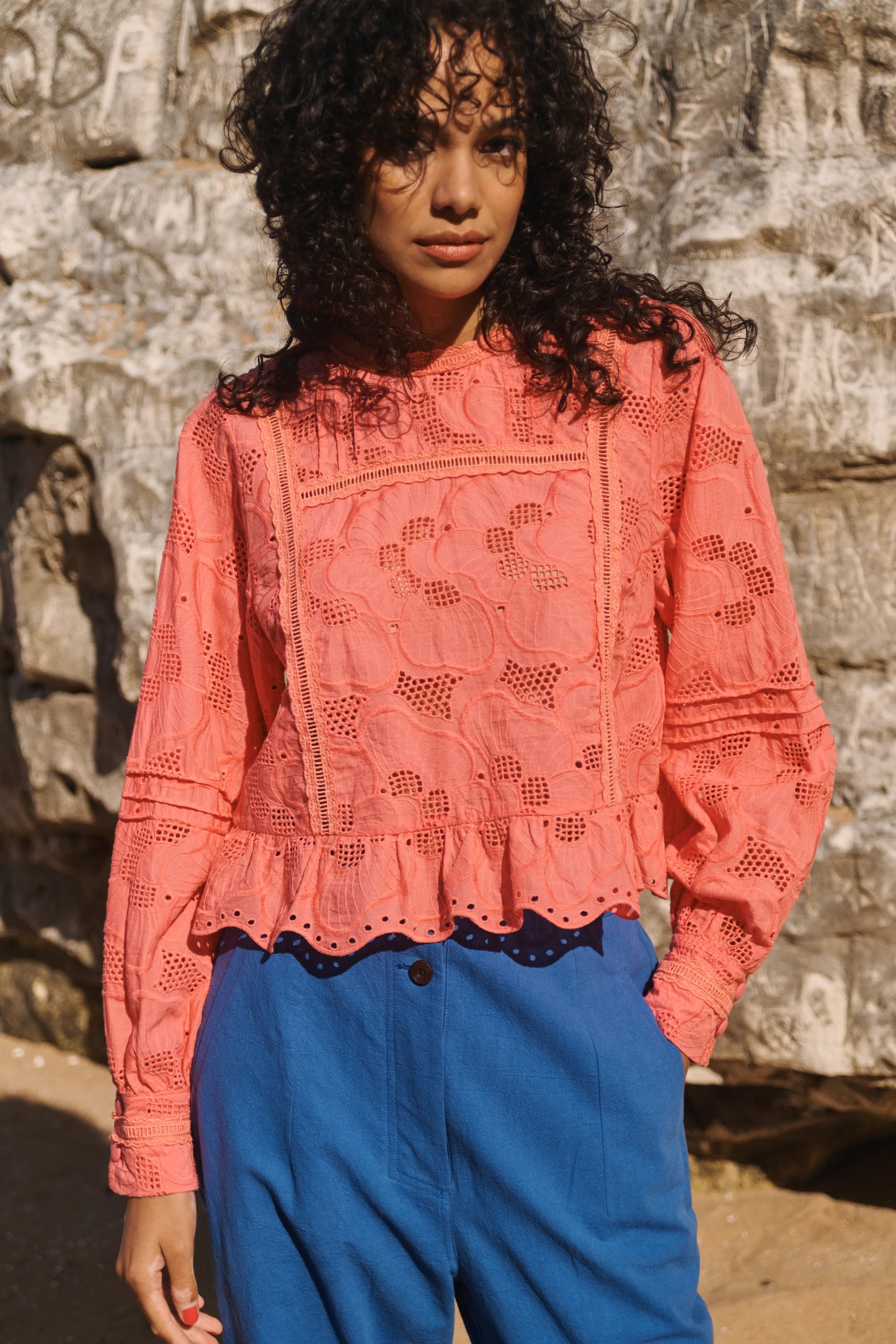 Low  Pink Broderie Long Sleeve Blouse