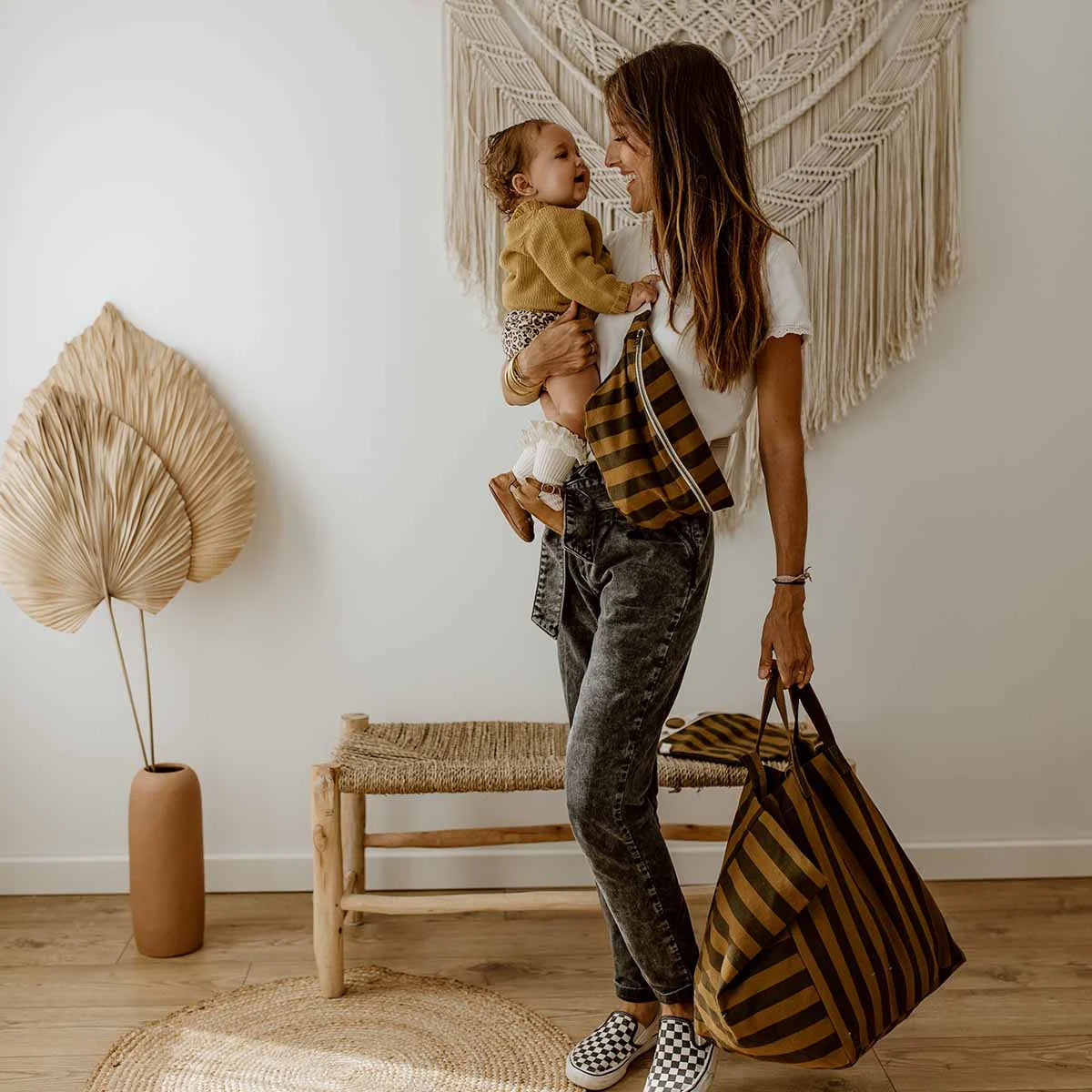 ROSE IN APRIL Tote Bag - Black/Tan Stripes